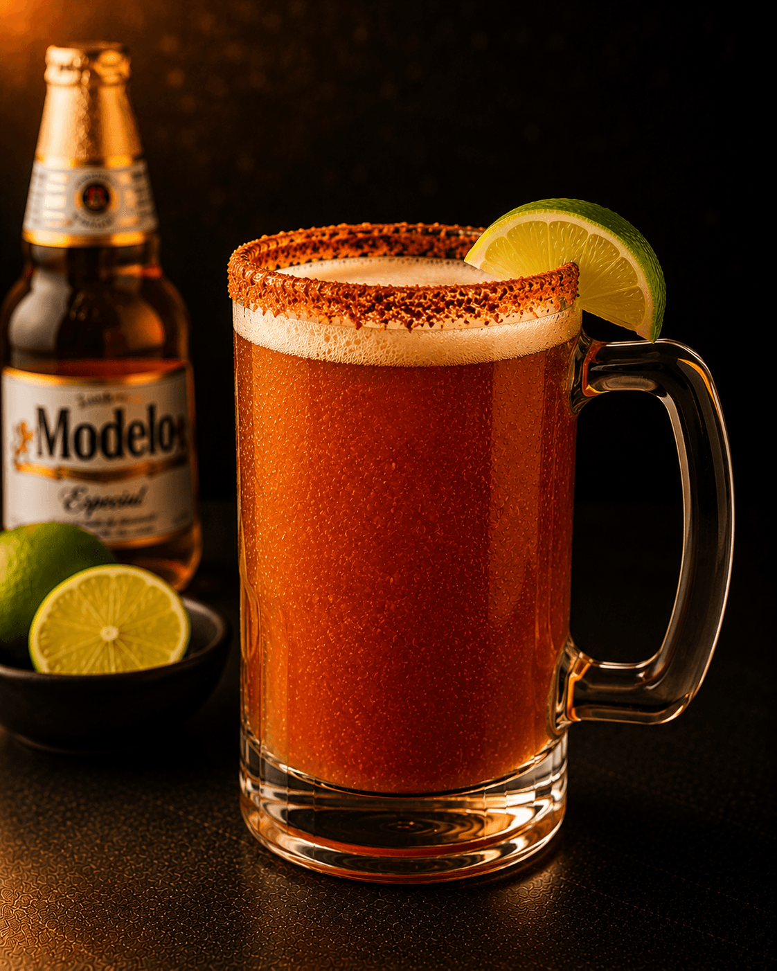 Michelada with chili-lime rim served at a quinceañera